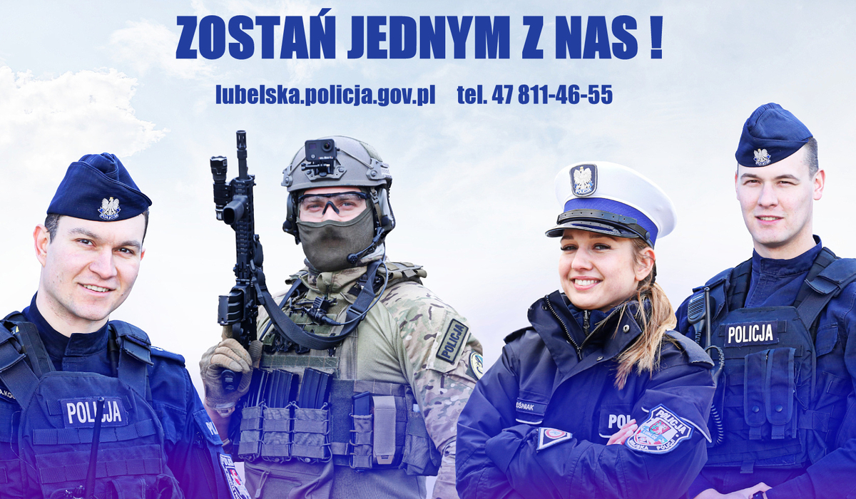 Baner na którym widać policjantów oraz napis Zostań Jednym z Nas