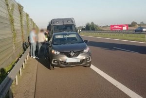 Policjanci kryminalni podczas zatrzymania oszustów na obwodnicy miasta. Samochód marki renault, a z tyłu policyjny bus.