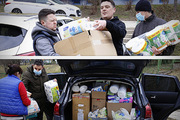 Zdjęcie przedstawia moment przekazywania darów uchodźcom z Ukrainy.