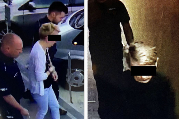Kolaż zdjęć na którym widać zatrzymaną kobietę i policjantów w mundurach.