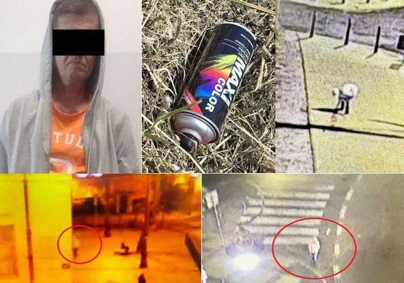 kolaż zdjęć z aktu wandalizmu, zabezpieczona farba w sprayu, sprawca z czarnym paskiem na oczach