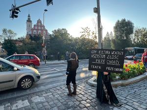 Zdjęcie przedstawia uliczny performance na przejściu dla pieszych.