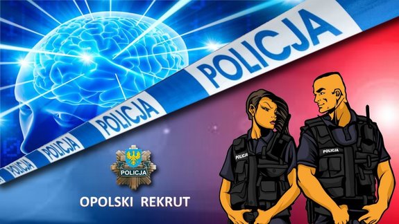 grafika &quot;Opolski Rekrut&quot; - policjant i policjantka, taśma odgradzająca i grafika