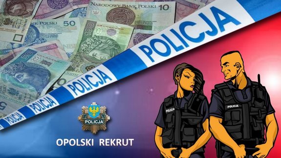 ekran początkowy z odcinka Opolskiego Rekruta na którym ekran podzielony jest na pół - jedna połowa pokazuje banknoty, na drugiej sylwetki policjanta i policjantki