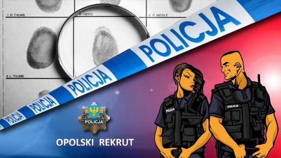 logo odcinka - w połowie zdjęcia grafika policjant i policjantka patrzą na siebie, w drugiej połowie lupa i ślady linii papilarnych