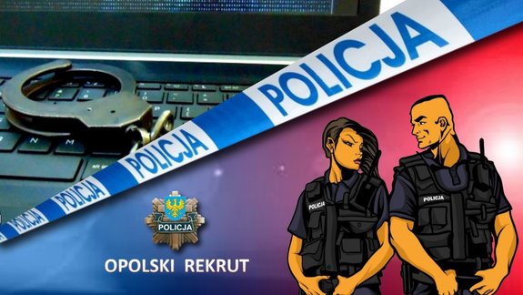 zdjęcie przedzielone na pół -  1 części grafika policjant i policjantka, w drugiej na klawiaturze komputerowej leżą kajdanki