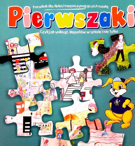 kolaż zdjęć rozsypane puzzle na nich obrazki obok grafika zająca w mundurze